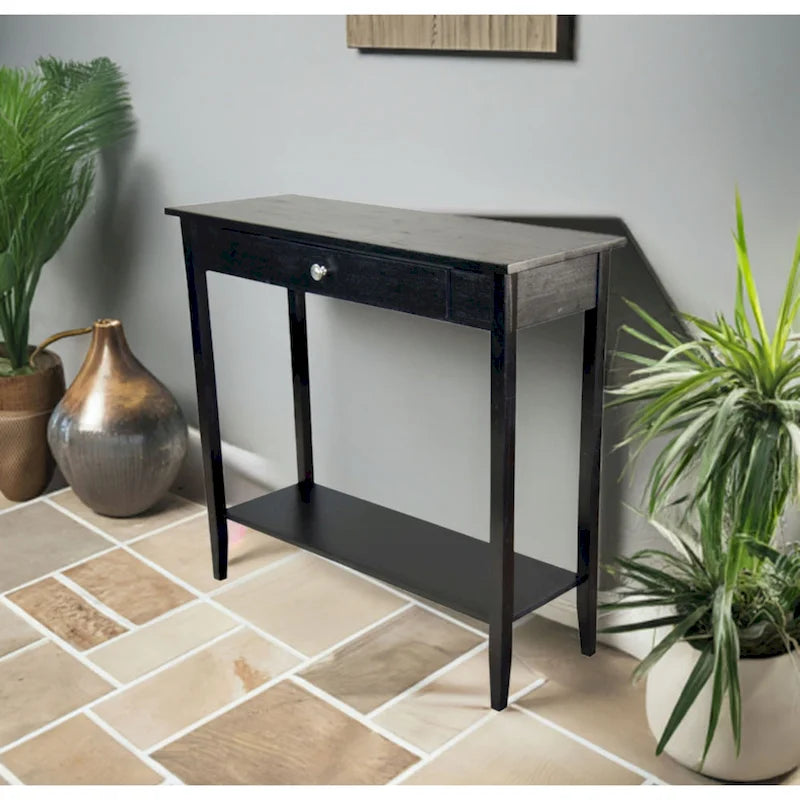 Console en bois d'acacia massif avec tiroir et étagère inférieure, couleurs acajou/naturel/noir – Simple