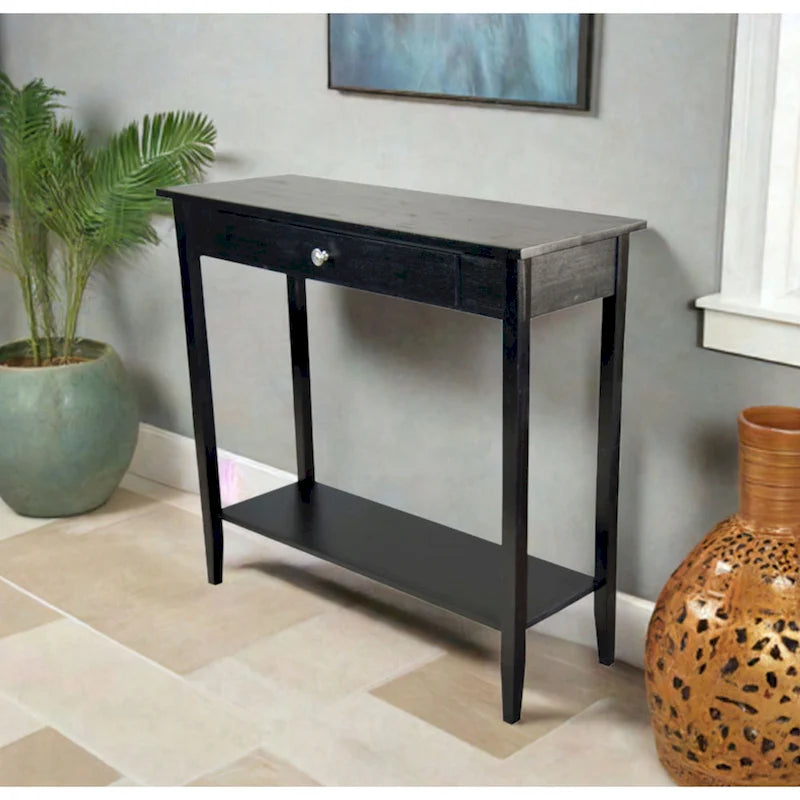 Console en bois d'acacia massif avec tiroir et étagère inférieure, couleurs acajou/naturel/noir – Simple