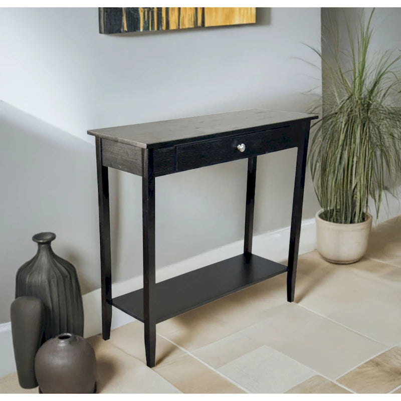 Console en bois d'acacia massif avec tiroir et étagère inférieure, couleurs acajou/naturel/noir – Simple