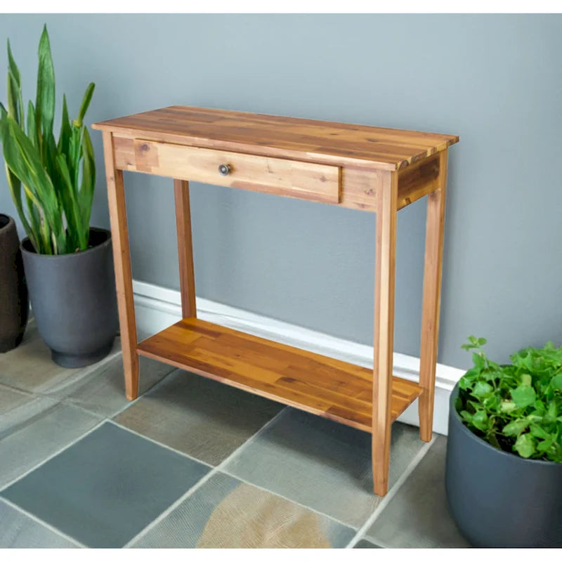 Console en bois d'acacia massif avec tiroir et étagère inférieure, couleurs acajou/naturel/noir – Simple