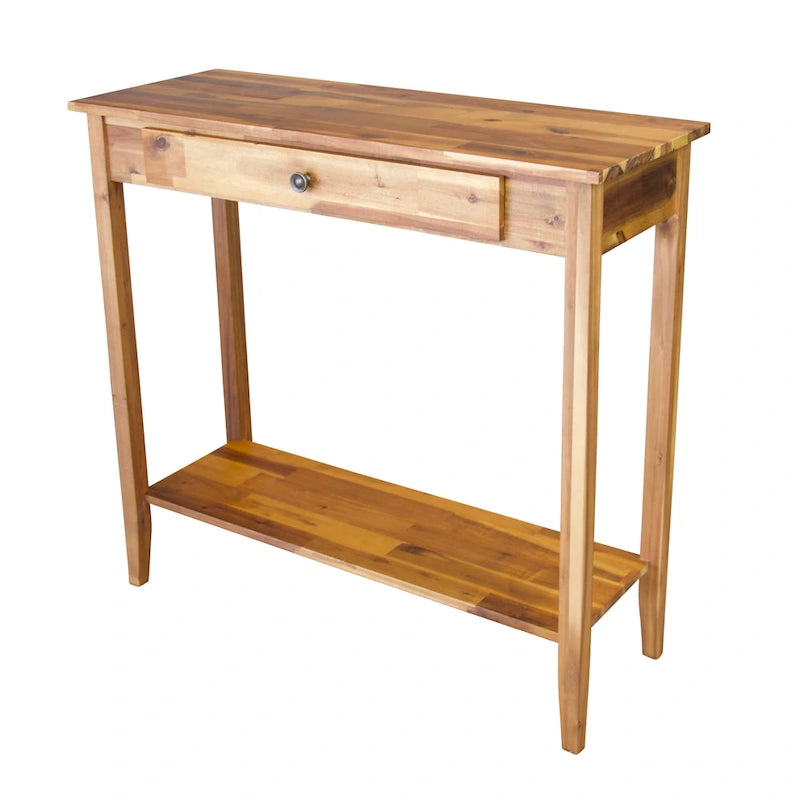Console en bois d'acacia massif avec tiroir et étagère inférieure, couleurs acajou/naturel/noir – Simple