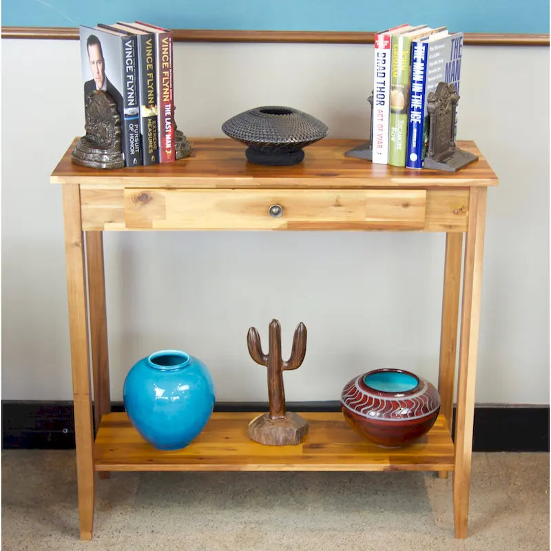 Console en bois d'acacia massif avec tiroir et étagère inférieure, couleurs acajou/naturel/noir – Simple