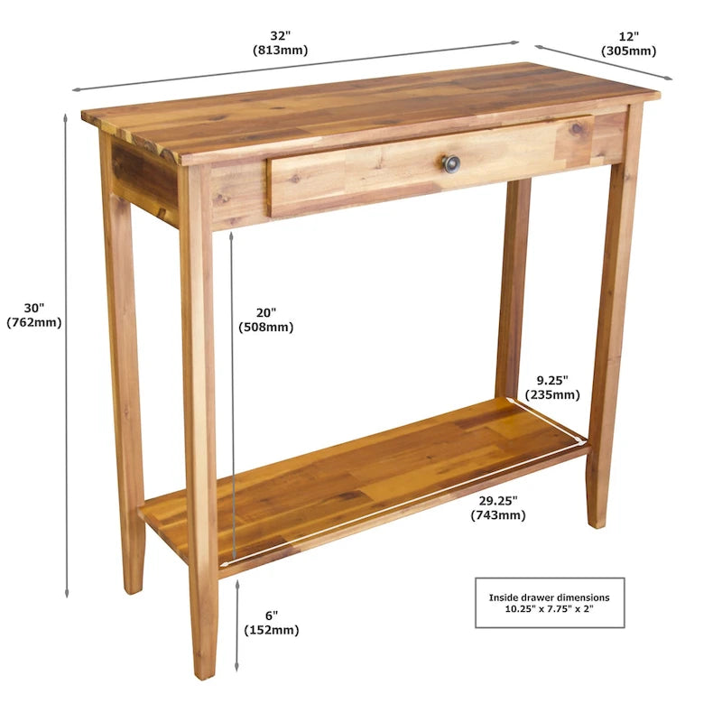 Console en bois d'acacia massif avec tiroir et étagère inférieure, couleurs acajou/naturel/noir – Simple