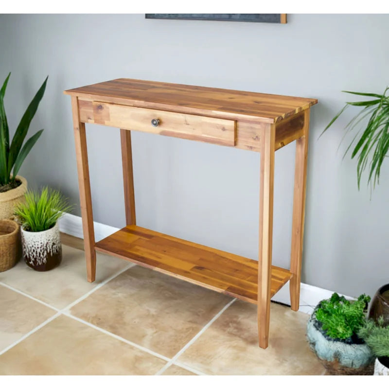 Console en bois d'acacia massif avec tiroir et étagère inférieure, couleurs acajou/naturel/noir – Simple