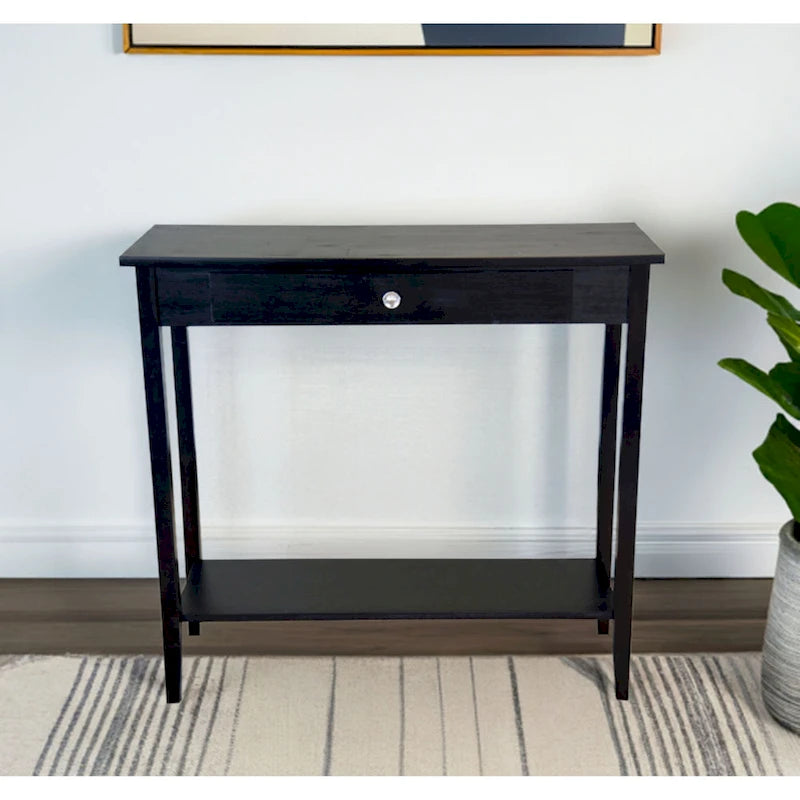 Console en bois d'acacia massif avec tiroir et étagère inférieure, couleurs acajou/naturel/noir – Simple