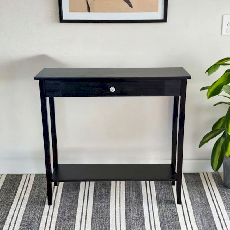 Console en bois d'acacia massif avec tiroir et étagère inférieure, couleurs acajou/naturel/noir – Simple