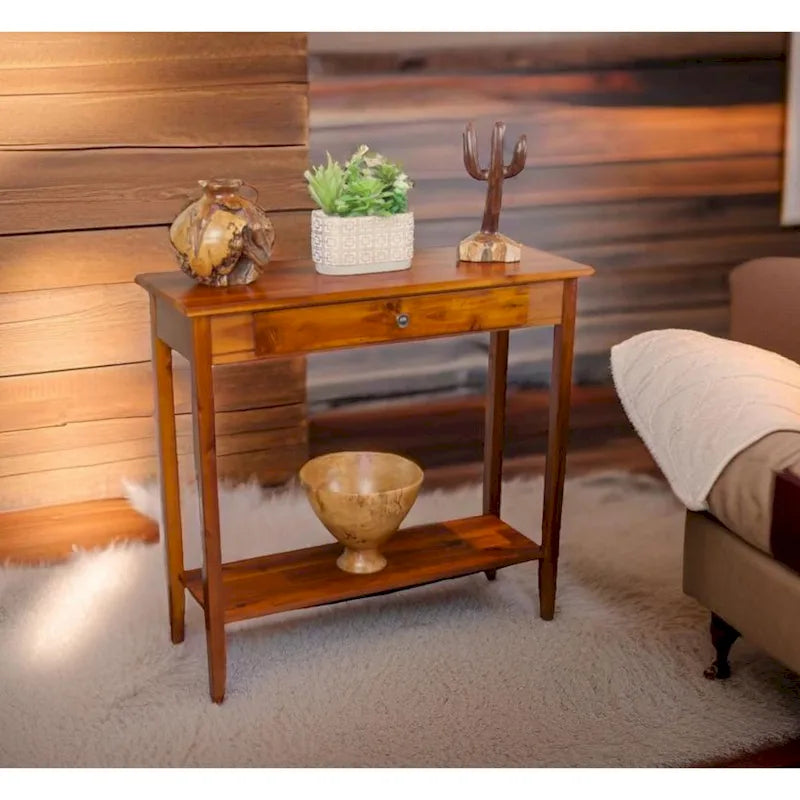 Console en bois d'acacia massif avec tiroir et étagère inférieure, couleurs acajou/naturel/noir – Simple