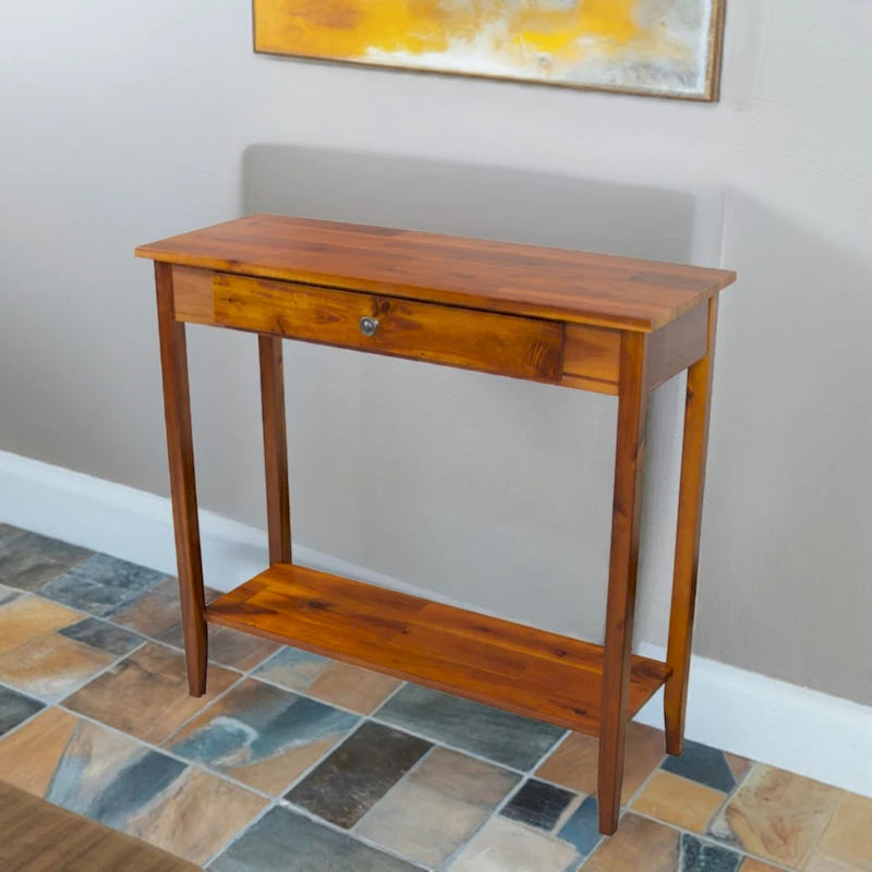 Console en bois d'acacia massif avec tiroir et étagère inférieure, couleurs acajou/naturel/noir – Simple