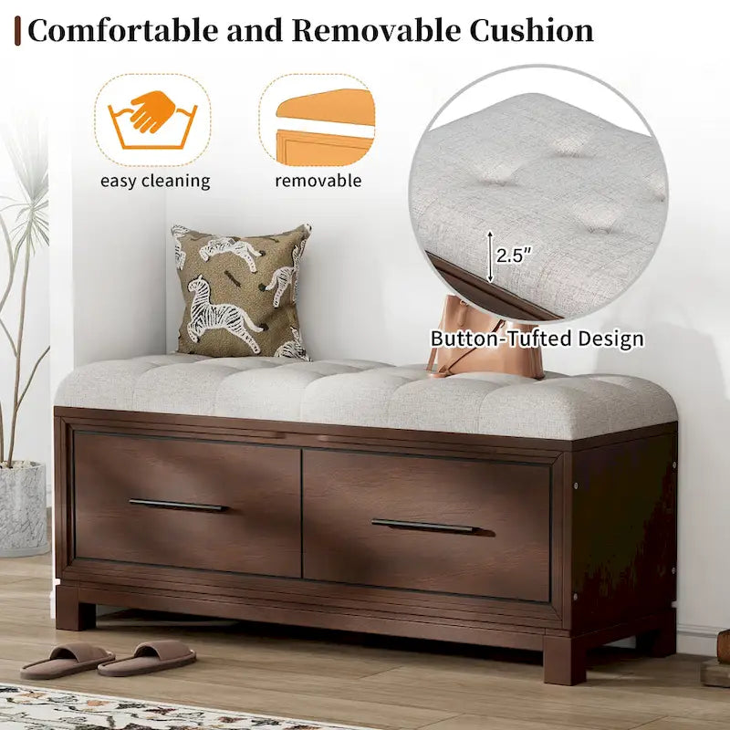 Banc de rangement – Naturel/Blanc/Marine/Espresso – avec coussin amovible et rangement dissimulé – Simple
