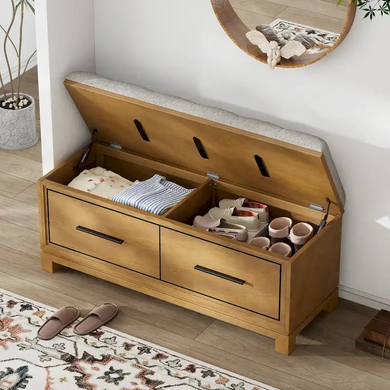 Banc de rangement – Naturel/Blanc/Marine/Espresso – avec coussin amovible et rangement dissimulé – Simple