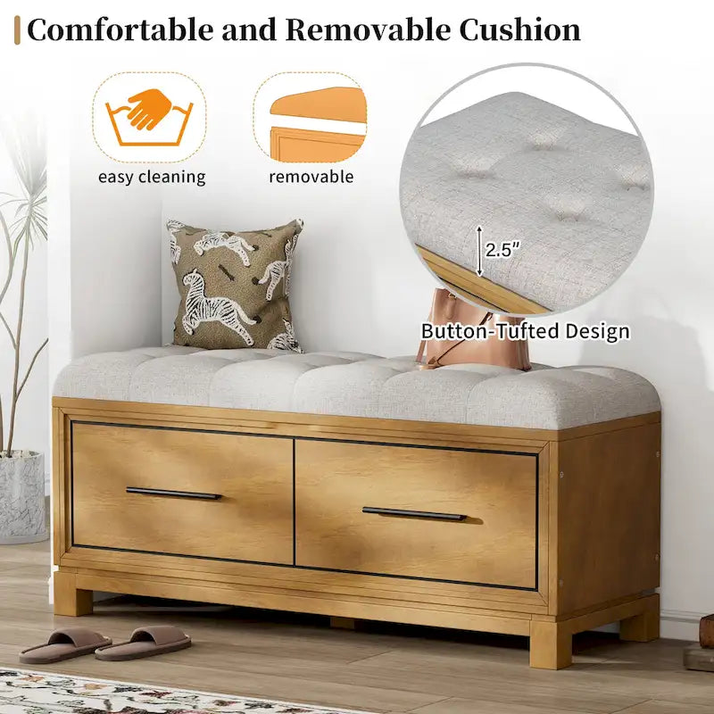 Banc de rangement – Naturel/Blanc/Marine/Espresso – avec coussin amovible et rangement dissimulé – Simple