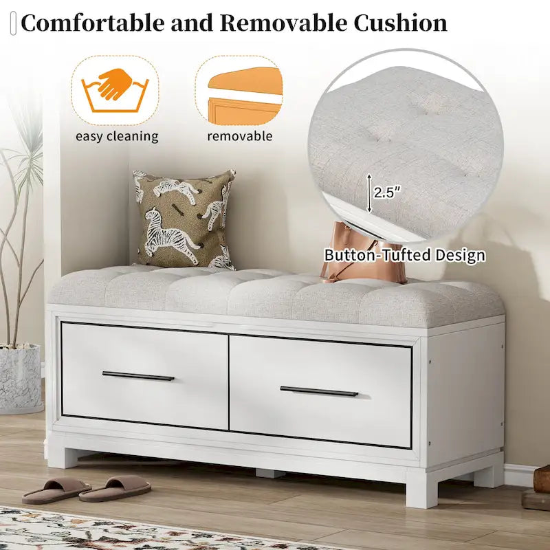 Banc de rangement – Naturel/Blanc/Marine/Espresso – avec coussin amovible et rangement dissimulé – Simple