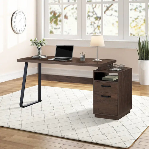 Bureau informatique de 65 pouces avec 2 tiroirs – Marron, Pied en U, Pour 1 personne