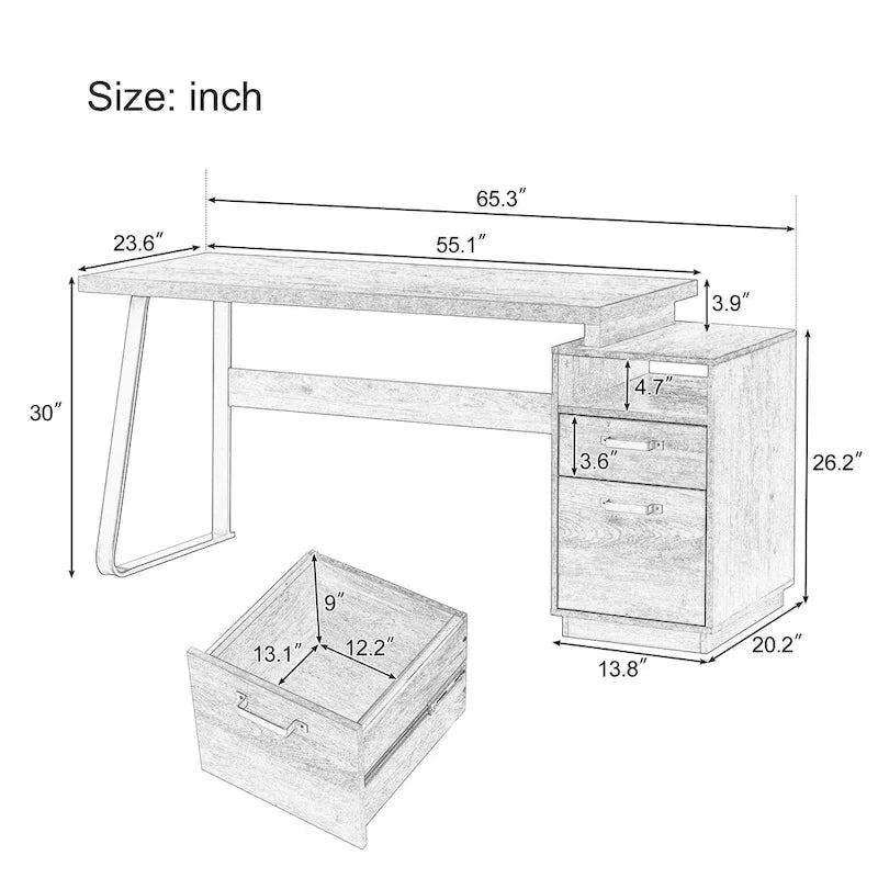 Bureau informatique de 65 pouces avec 2 tiroirs – Marron, Pied en U, Pour 1 personne