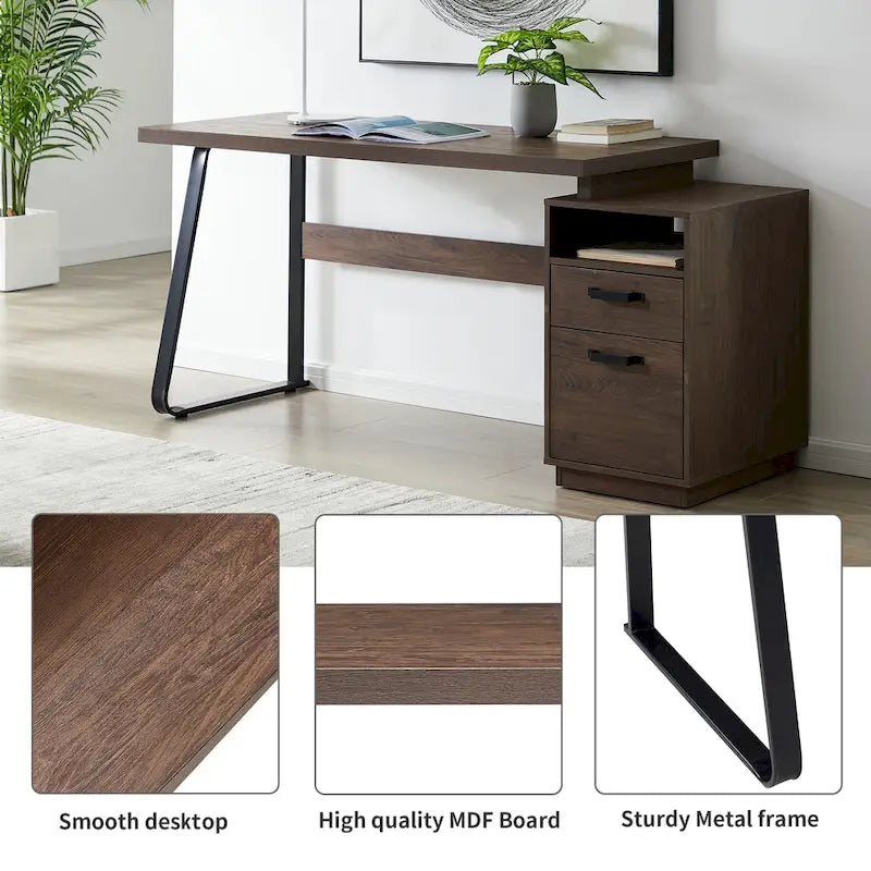 Bureau informatique de 65 pouces avec 2 tiroirs – Marron, Pied en U, Pour 1 personne