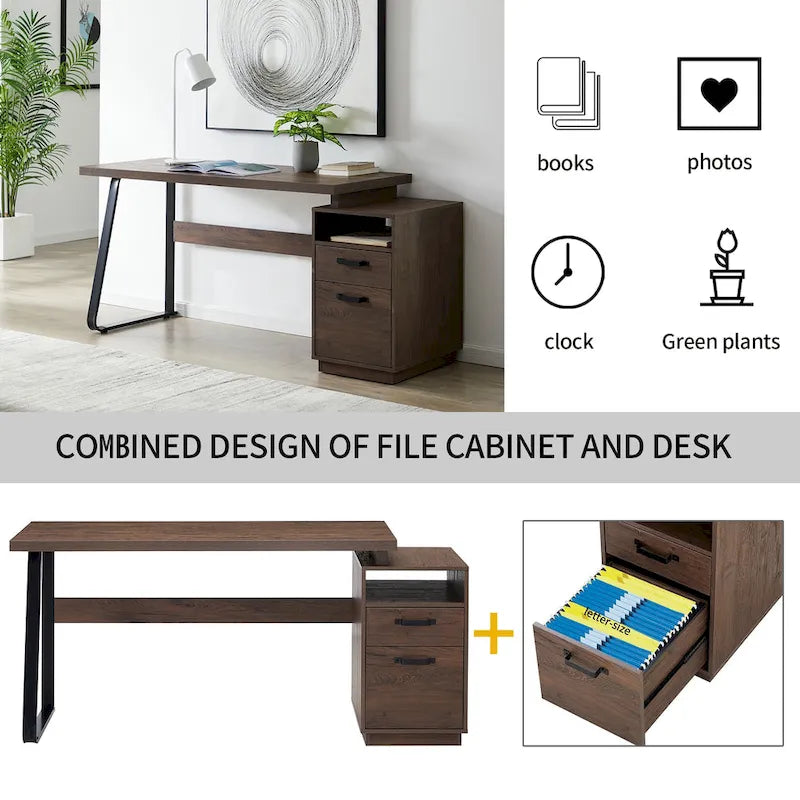 Bureau informatique de 65 pouces avec 2 tiroirs – Marron, Pied en U, Pour 1 personne