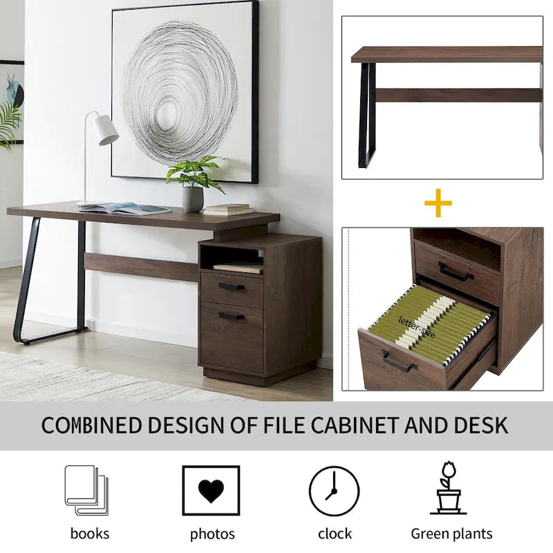 Bureau informatique de 65 pouces avec 2 tiroirs – Marron, Pied en U, Pour 1 personne