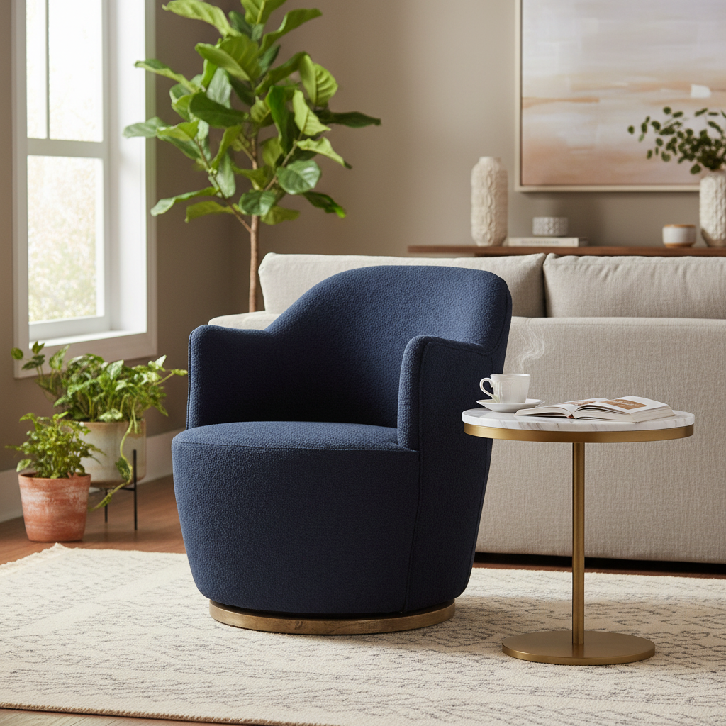 Fauteuil d'appoint pivotant rond en tissu Indigo / Olive / Burnish / Slate / Silver – Pièce unique