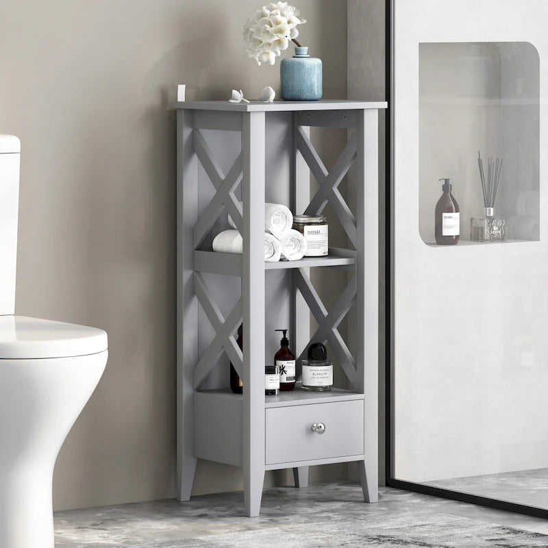 Étagère de Rangement au Sol avec Tiroir – Gris / Blanc, Cadre en Croix, Pour 1 Ménage