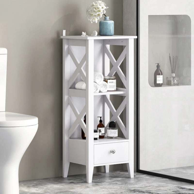Étagère de Rangement au Sol avec Tiroir – Gris / Blanc, Cadre en Croix, Pour 1 Ménage
