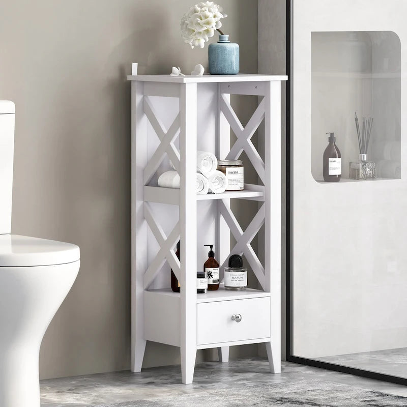 Étagère de Rangement au Sol avec Tiroir – Gris / Blanc, Cadre en Croix, Pour 1 Ménage