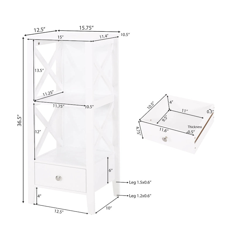 Étagère de Rangement au Sol avec Tiroir – Gris / Blanc, Cadre en Croix, Pour 1 Ménage