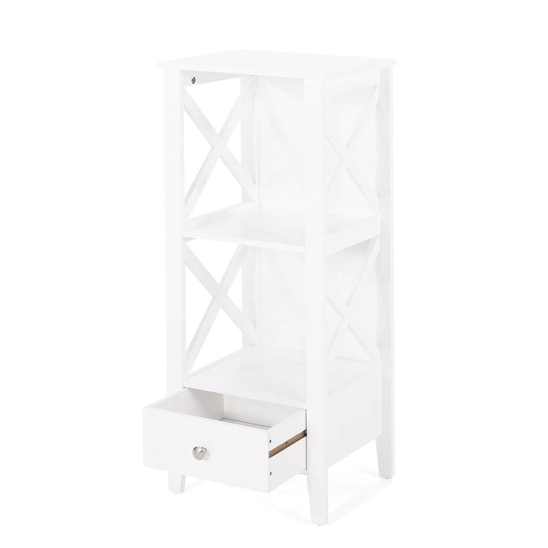 Étagère de Rangement au Sol avec Tiroir – Gris / Blanc, Cadre en Croix, Pour 1 Ménage