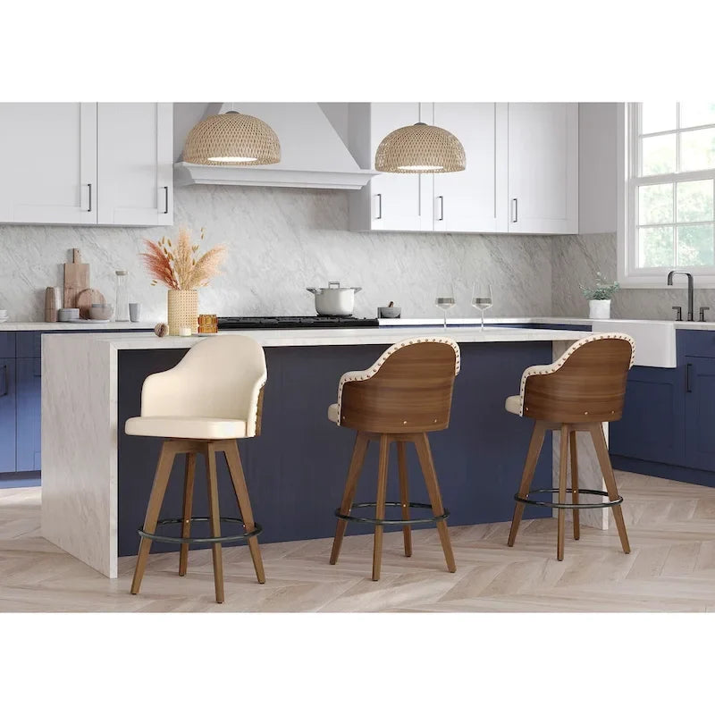 Tabouret de comptoir mi-siècle moderne gris/crème/noir avec pivot et assise en similicuir – Unité