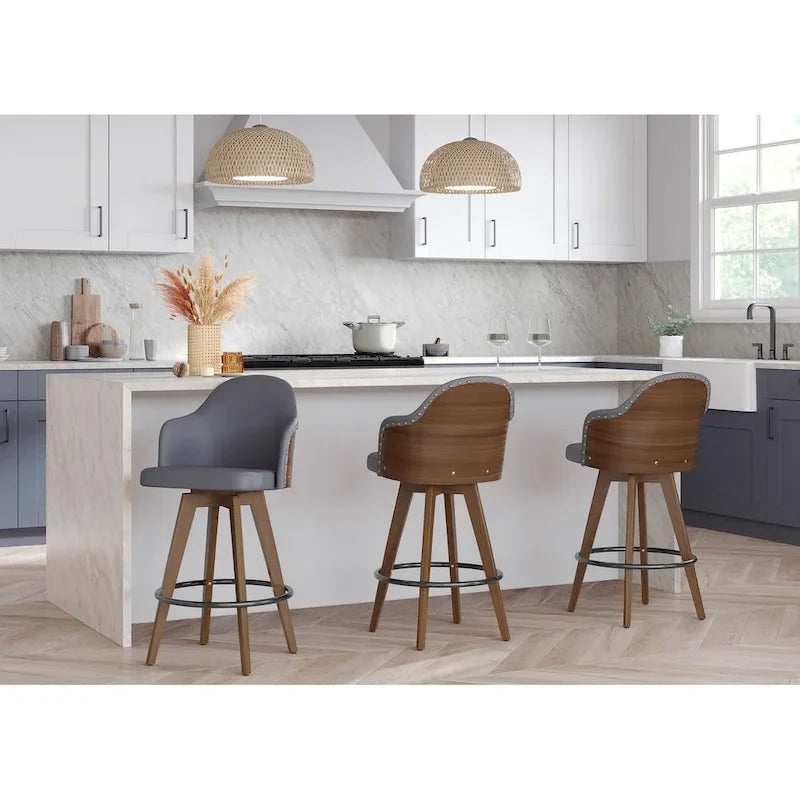 Tabouret de comptoir mi-siècle moderne gris/crème/noir avec pivot et assise en similicuir – Unité