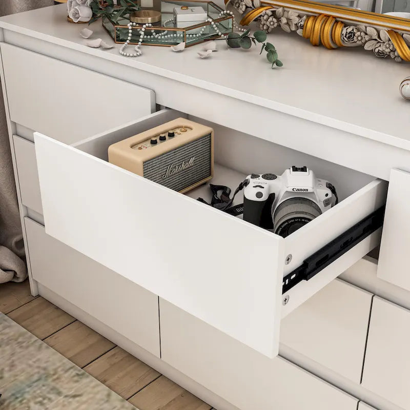Commode à 9 tiroirs avec rangement (blanc / chêne blanc / noir / miroir) – Simple