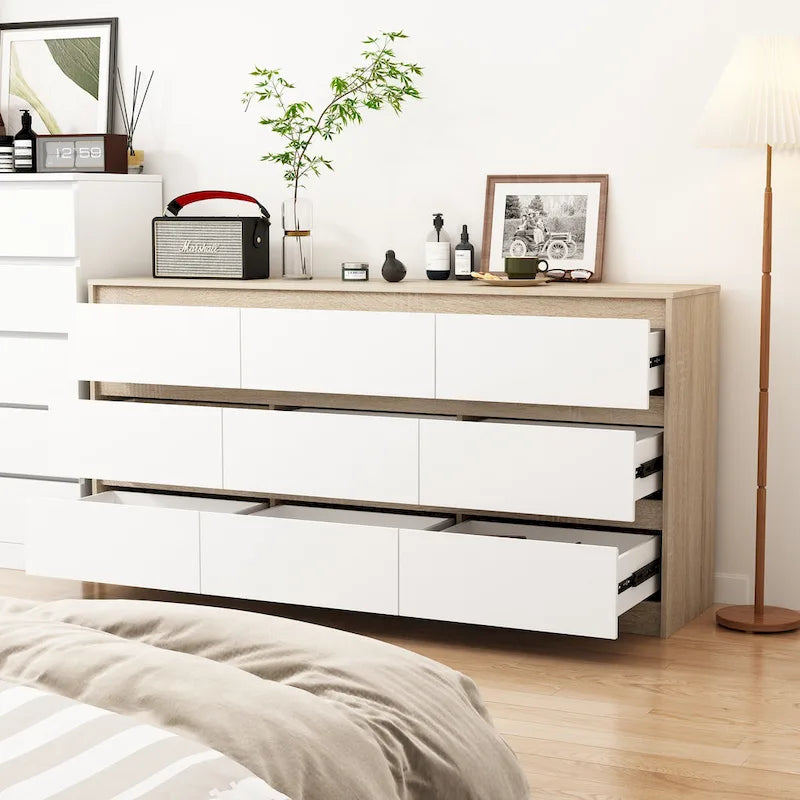 Commode à 9 tiroirs avec rangement (blanc / chêne blanc / noir / miroir) – Simple