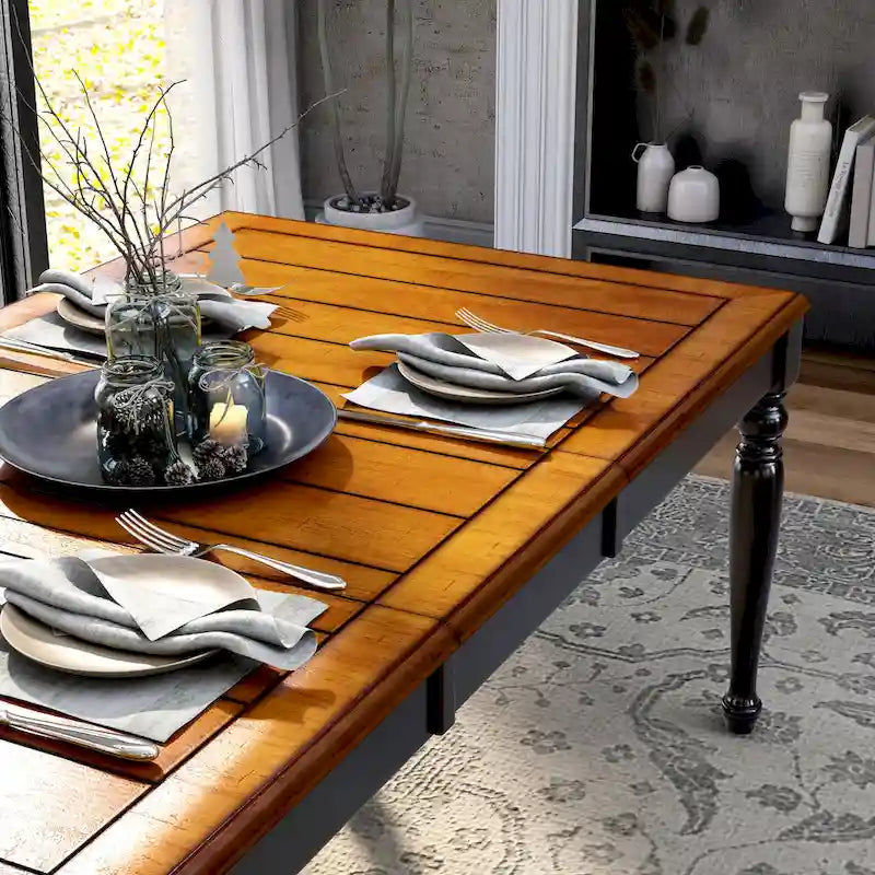 Table de salle à manger extensible en chêne antique/noir bicolore avec rallonge amovible – 6 à 8 places