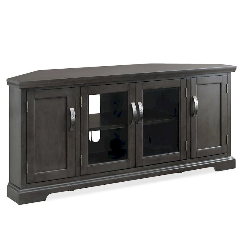 Meuble TV d'angle gris avec rangement fermé et étagères réglables – Simple