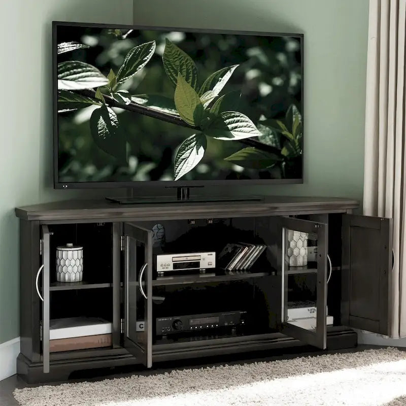 Meuble TV d'angle gris avec rangement fermé et étagères réglables – Simple