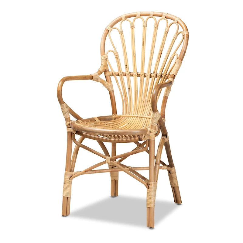 Chaise de salle à manger en rotin naturel avec accoudoirs incurvés et dossier ajouré – Unité