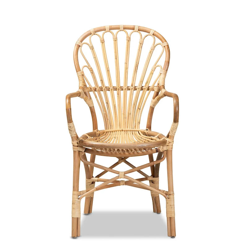 Chaise de salle à manger en rotin naturel avec accoudoirs incurvés et dossier ajouré – Unité