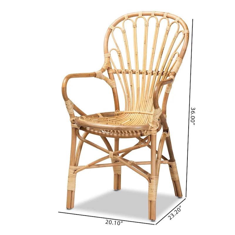 Chaise de salle à manger en rotin naturel avec accoudoirs incurvés et dossier ajouré – Unité