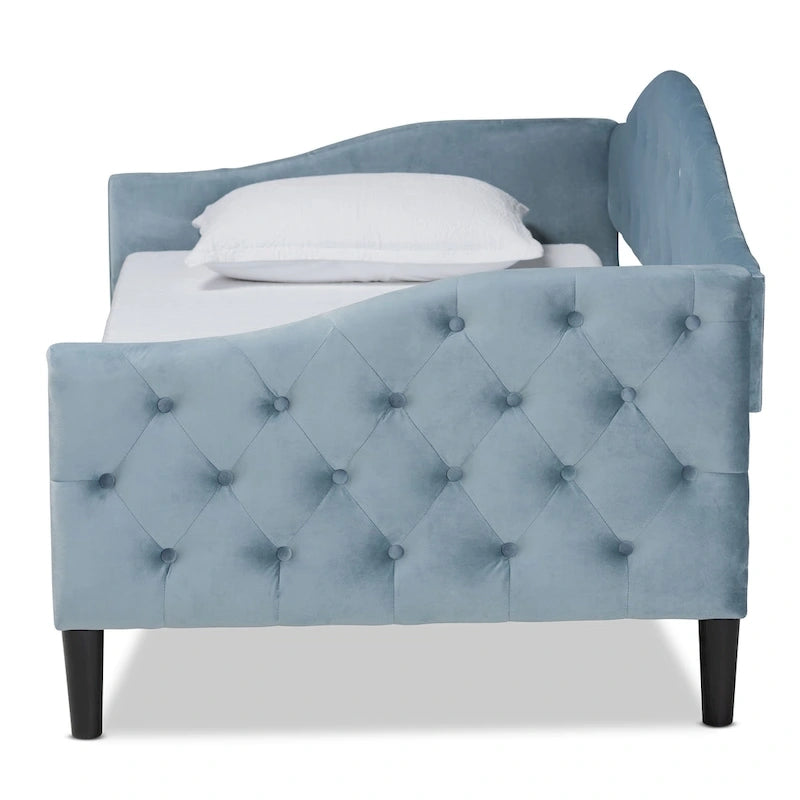 Lit de repos en velours bleu clair avec capitonnage – Une place (Jumeau / Grand)