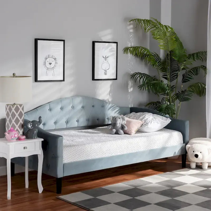 Lit de repos en velours bleu clair avec capitonnage – Une place (Jumeau / Grand)
