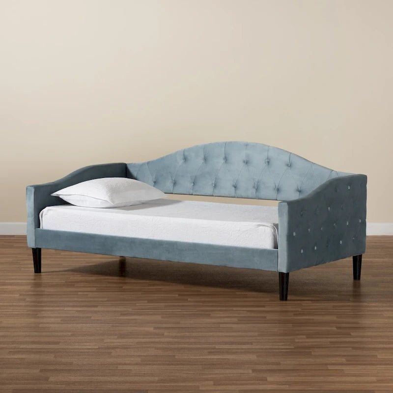 Lit de repos en velours bleu clair avec capitonnage – Une place (Jumeau / Grand)