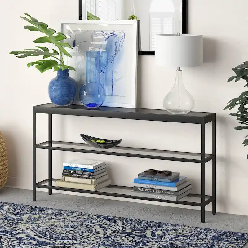 Console en Laiton / Bronze Bruni / Acier Nickel Satiné avec Plateau et Étagères en Verre Trempé – Simple