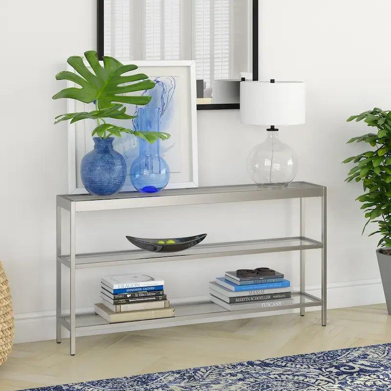 Console en Laiton / Bronze Bruni / Acier Nickel Satiné avec Plateau et Étagères en Verre Trempé – Simple