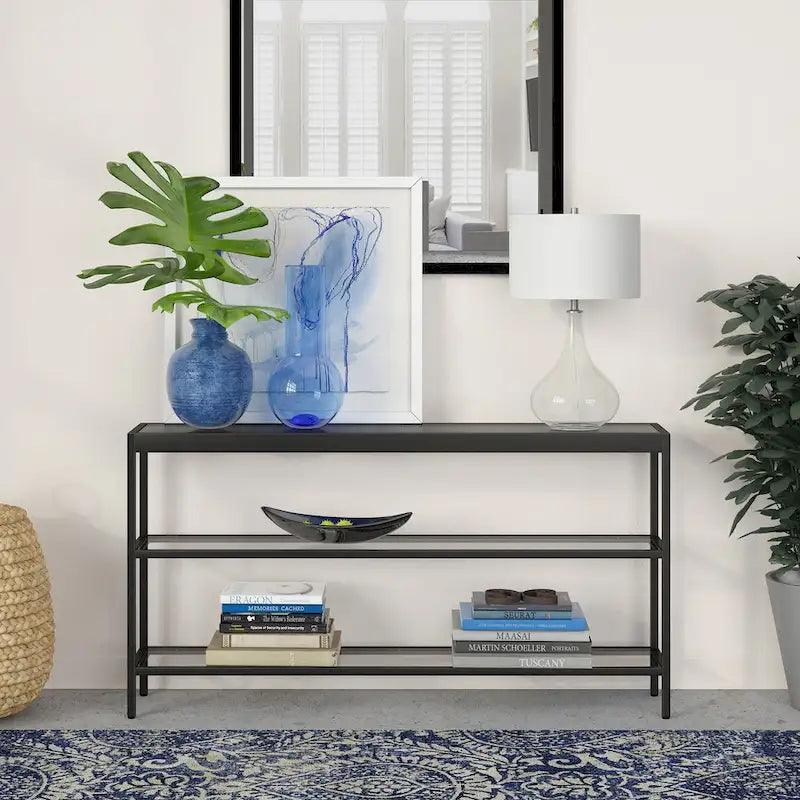 Console en Laiton / Bronze Bruni / Acier Nickel Satiné avec Plateau et Étagères en Verre Trempé – Simple