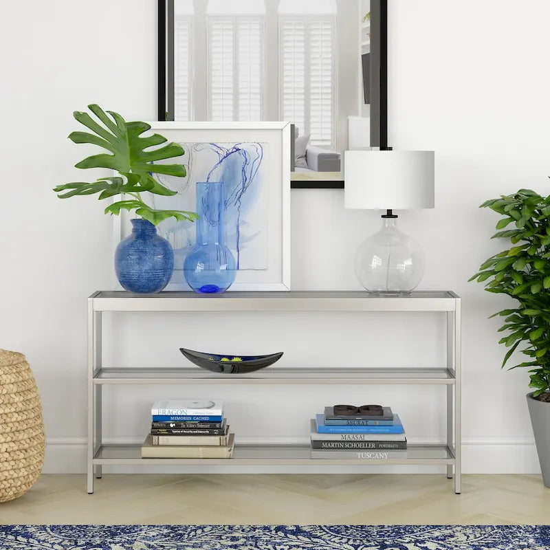 Console en Laiton / Bronze Bruni / Acier Nickel Satiné avec Plateau et Étagères en Verre Trempé – Simple
