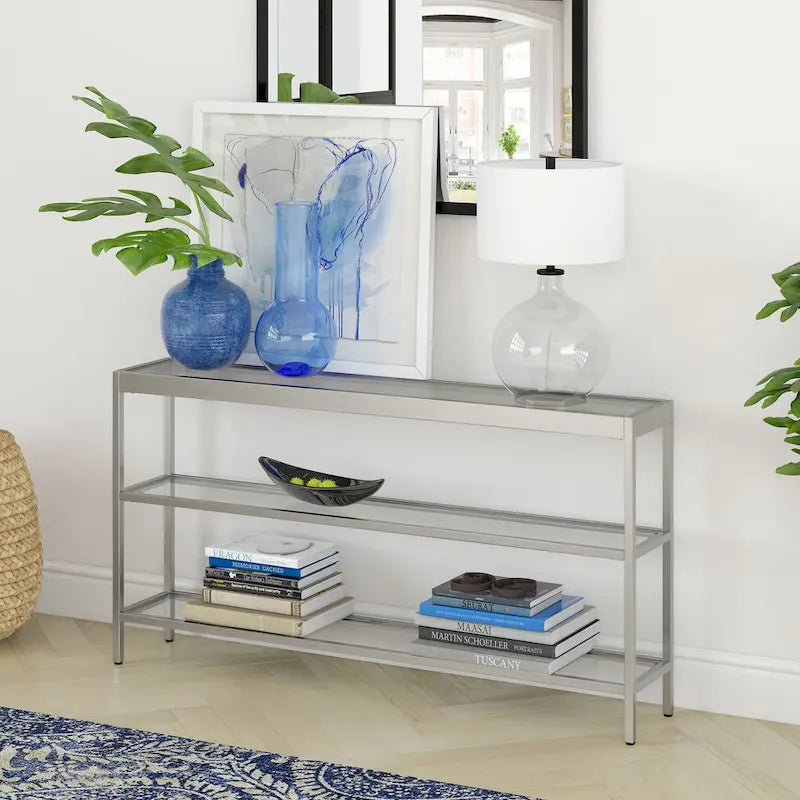 Console en Laiton / Bronze Bruni / Acier Nickel Satiné avec Plateau et Étagères en Verre Trempé – Simple
