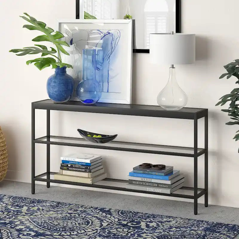Console en Laiton / Bronze Bruni / Acier Nickel Satiné avec Plateau et Étagères en Verre Trempé – Simple