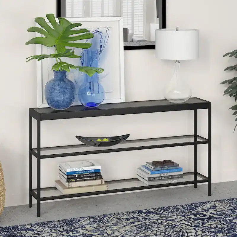 Console en Laiton / Bronze Bruni / Acier Nickel Satiné avec Plateau et Étagères en Verre Trempé – Simple