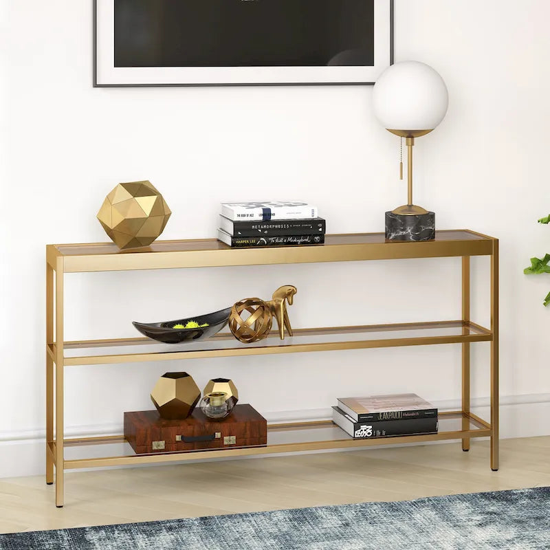 Console en Laiton / Bronze Bruni / Acier Nickel Satiné avec Plateau et Étagères en Verre Trempé – Simple