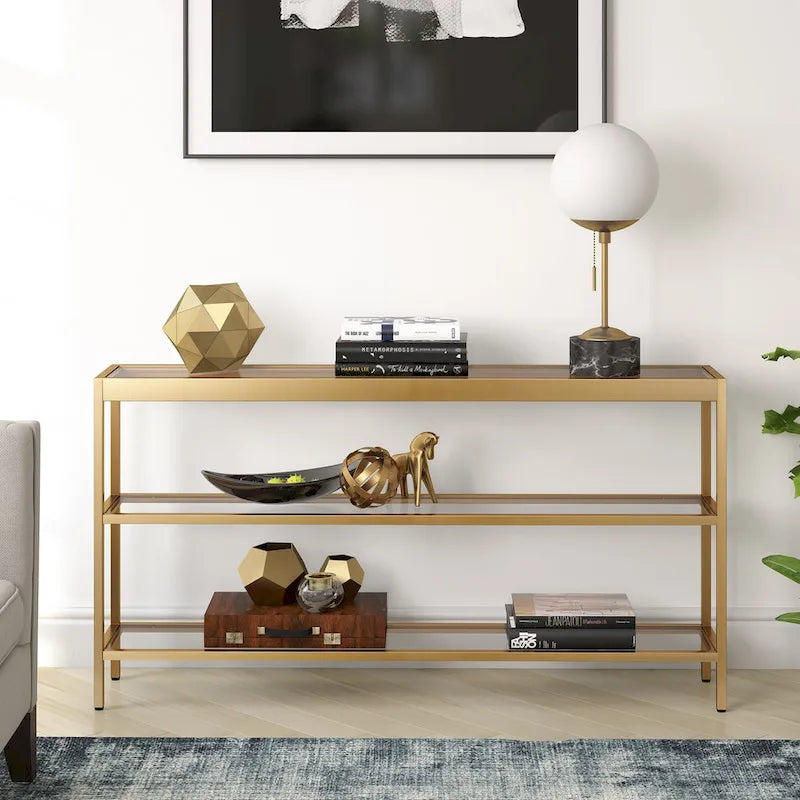 Console en Laiton / Bronze Bruni / Acier Nickel Satiné avec Plateau et Étagères en Verre Trempé – Simple