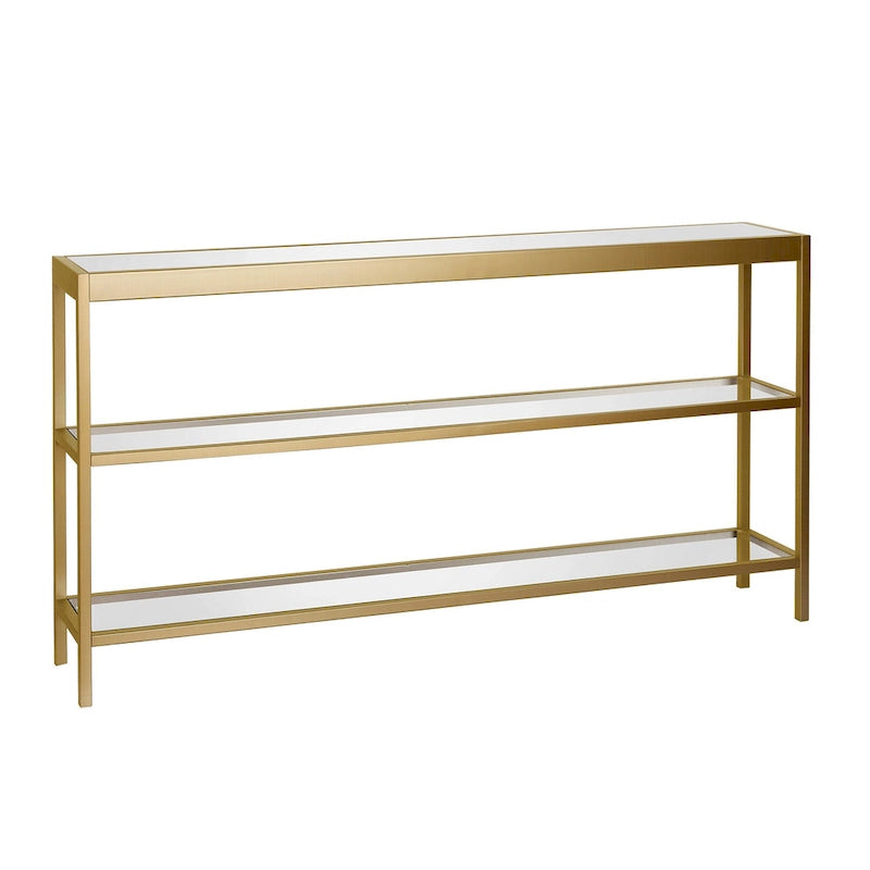 Console en Laiton / Bronze Bruni / Acier Nickel Satiné avec Plateau et Étagères en Verre Trempé – Simple